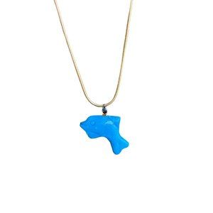 Genuine Turquoise Fish Dolphin Pendant Necklace 16" Serpentine Gold Chain Charm